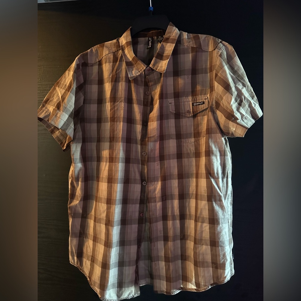 Split Tan and Brown Plaid Button Up Shirt